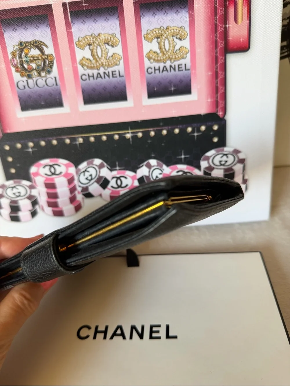 CHANEL Vintage Black Leather CC Logo Long Wallet